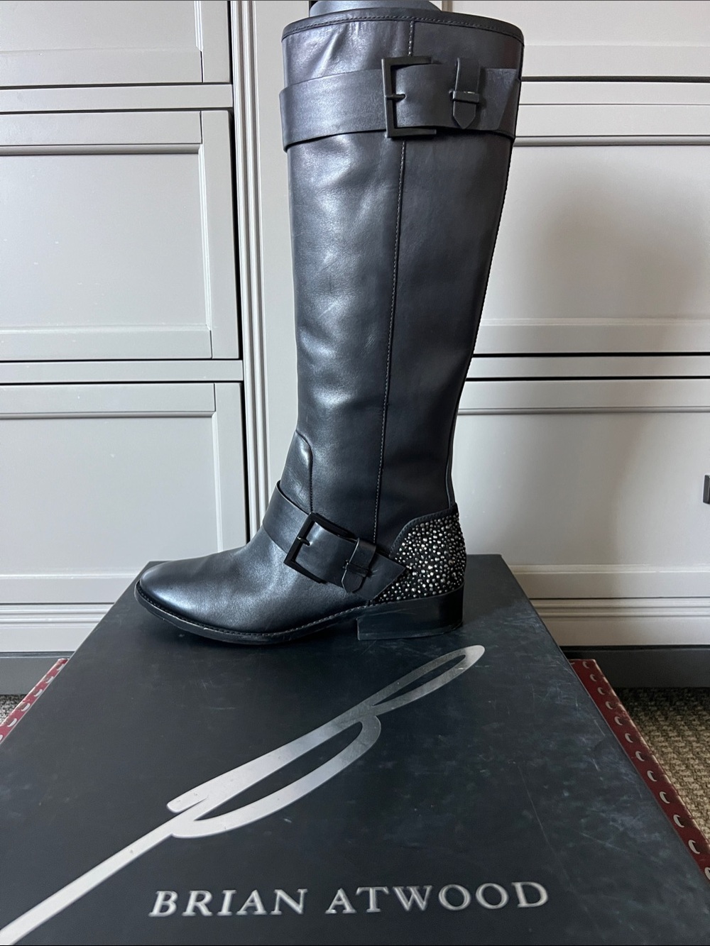 Brian Atwood Black Leather Over-The-Knee Boots with Studded Heel Detail